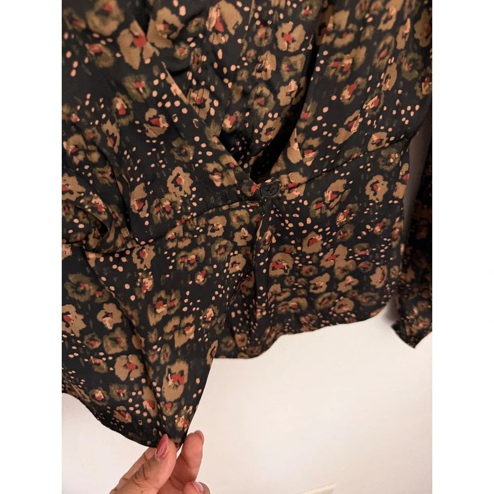 Free People Floral Surplice Peplum Victorian Blouse V-Neck Puff Sleeve Sz Small